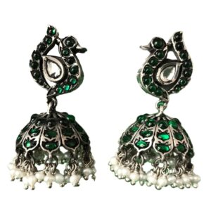 South indian jadau sterling silver jhumka earrings with green earrings