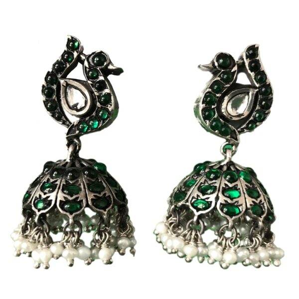 South indian jadau sterling silver jhumka earrings with green earrings