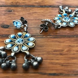 sterling silver earrings with blue white enamel and floral design