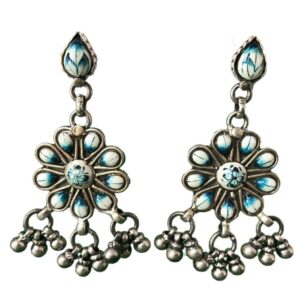 blue white enamel floral sterling silver earrings