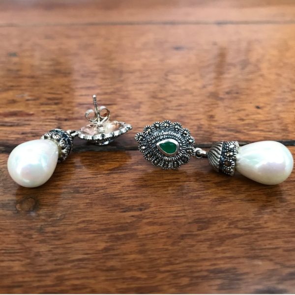 Pearl Green Onyx Mercasite Earrings - Image 2