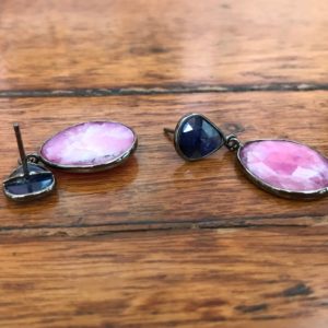 sterling silver earrings set with pink blue sapphire gemstones