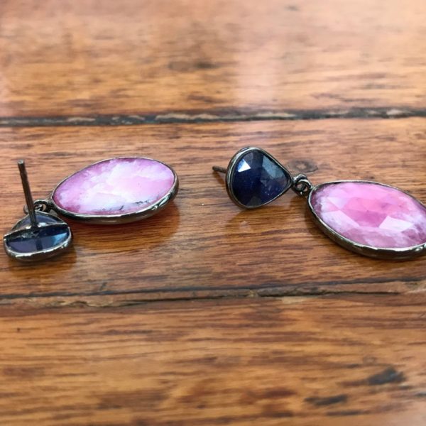 sterling silver earrings set with pink blue sapphire gemstones