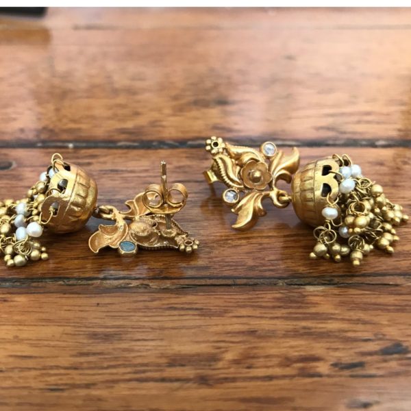 Traditional Pearl Jadau Jhumka Gold plated Earrings - Image 2