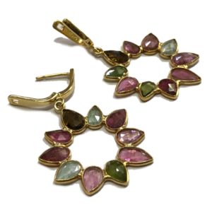 multi colour tourmaline gold plated sterling silver earrings