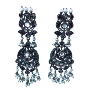 jadau style south indian long sterling silver earrings