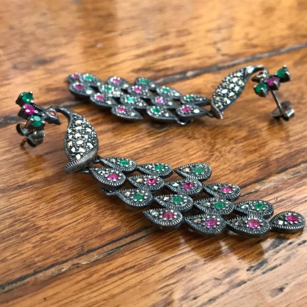 Long Ruby Emerald Mercasite Peacock Earrings - Image 2