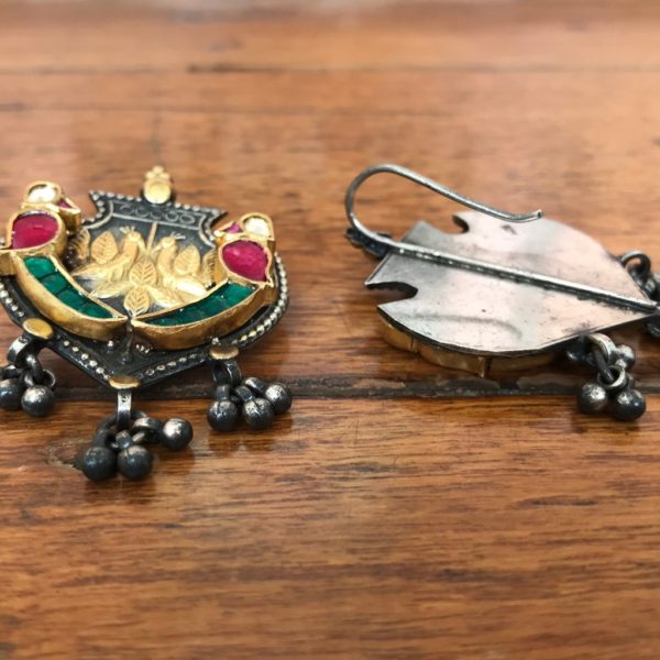 Dual tone Jadau style Birds on Beetle Leaf Earrings - Image 2