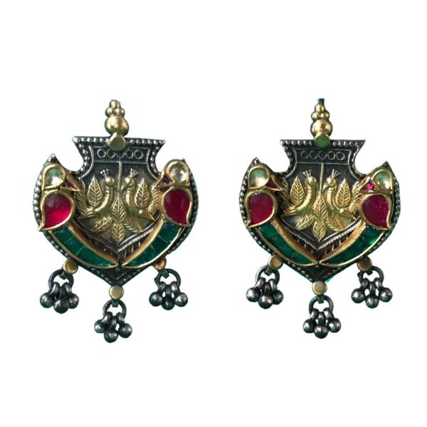 red green birds on beetle leaf sterling silver earrings
