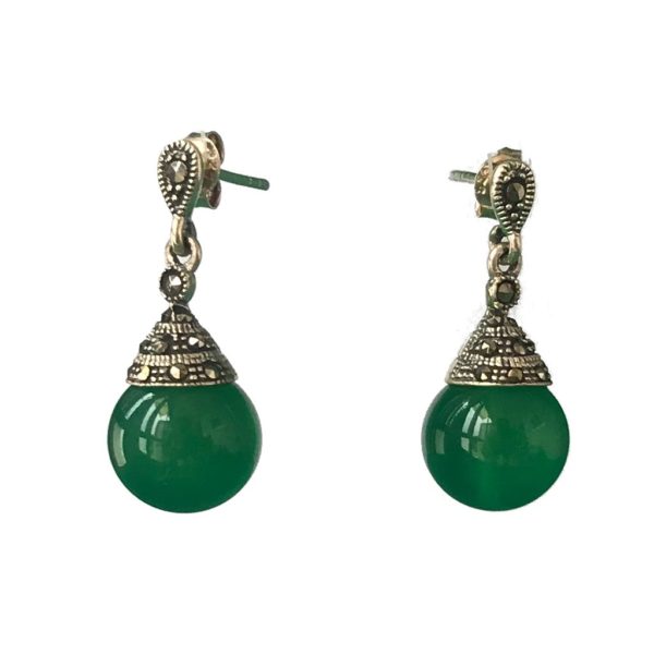 green onyx drop mercasite sterling silver earrings