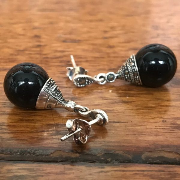 Black onyx Drop Mercasite Earrings - Image 2
