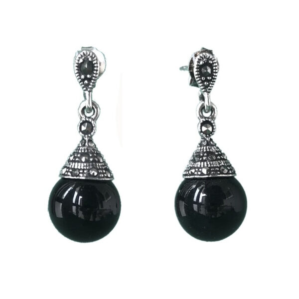 black onyx drop mercasite sterling silver earrings