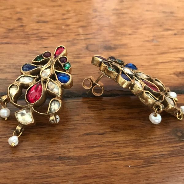 Jadau Red Green Blue Gold plated Earrings - Image 2