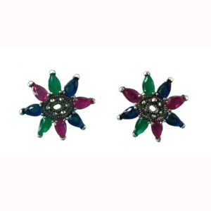 red green blue mercasite flower studs tops sterling silver earrings