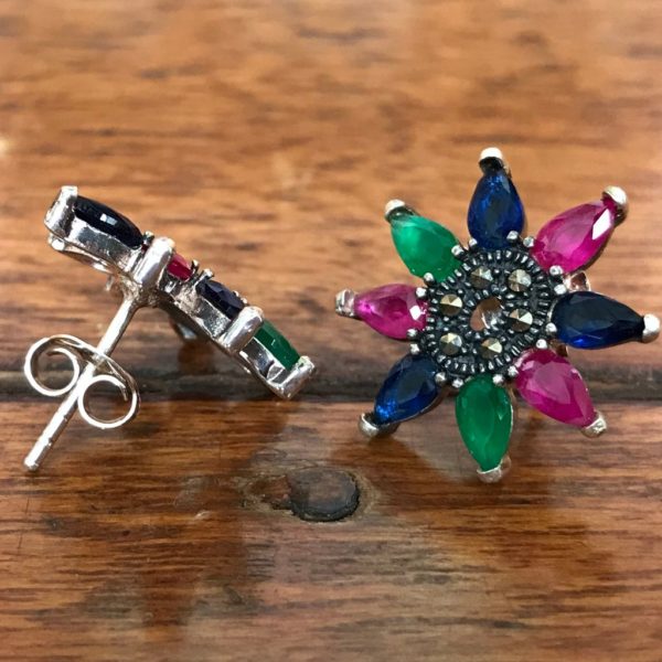 Red Green Blue Mercasite Oval Flower Stud Earrings - Image 2