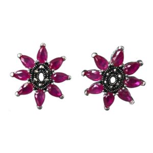 red mercasite flower studs tops sterling silver earrings