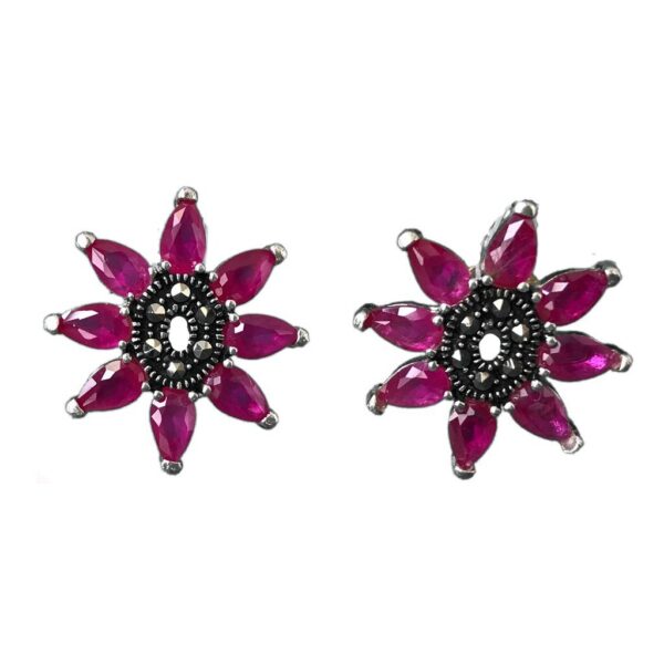 red mercasite flower studs tops sterling silver earrings