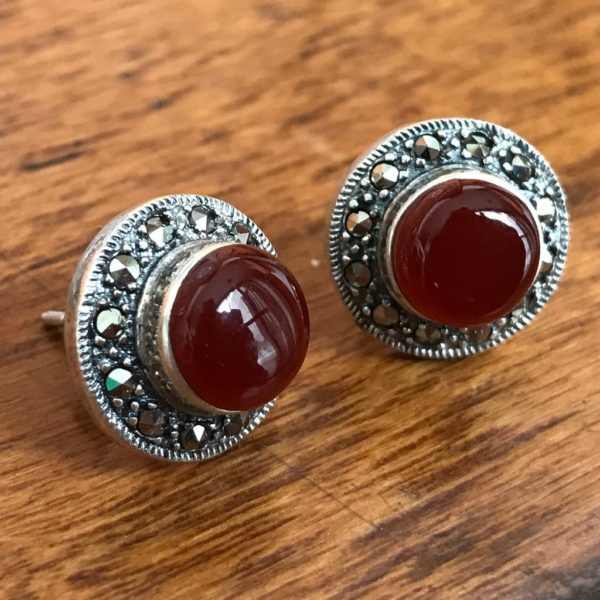 Red Onyx & Mercasite Round Stud Earrings - Image 2