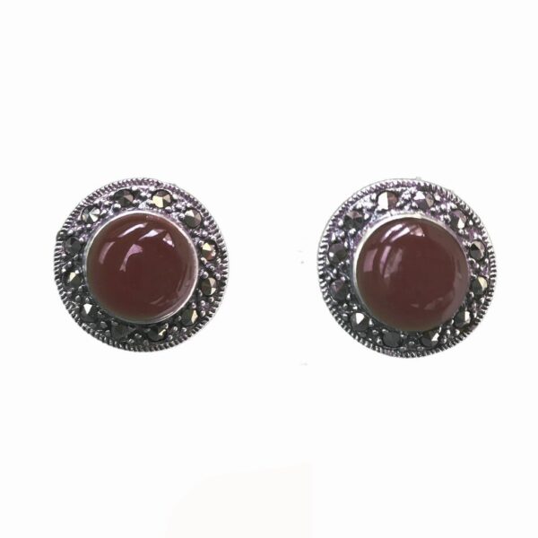 Red Onyx & Mercasite Round Stud Earrings - Image 1