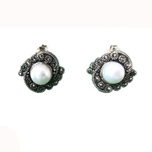 pearl mercasite oval small studs tops sterling silver earrings