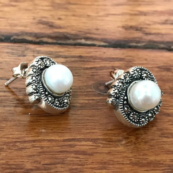Pearl & Mercasite Oval Stud Earrings - Image 2