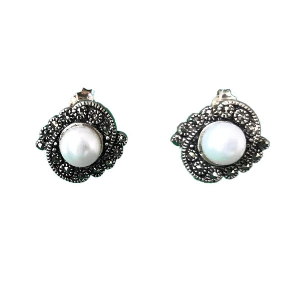 pearl mercasite oval small studs tops sterling silver earrings