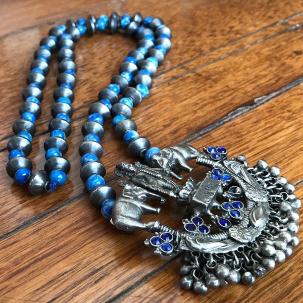 Lapiz & Silver beads Gaja Lakshmi Oxidized Silver Necklace - Image 2
