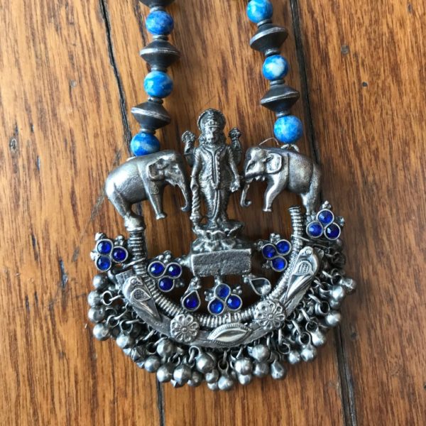 Lapiz & Silver beads Gaja Lakshmi Oxidized Silver Necklace - Image 3