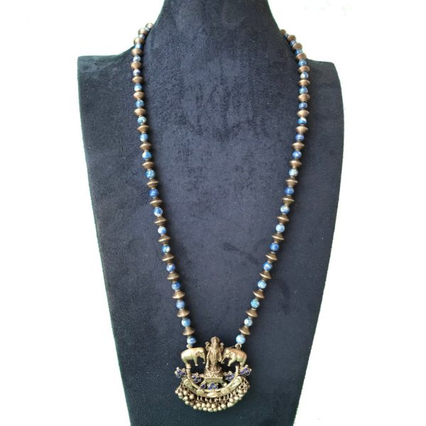 Lapiz & Silver beads Gaja Lakshmi Oxidized Silver Necklace - Image 4
