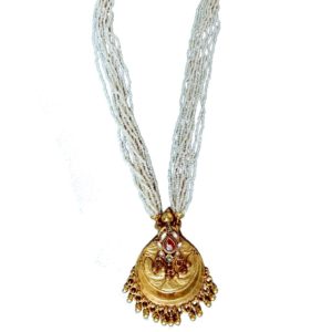 pearls and jadau style medallion gold plated sterling silver necklace