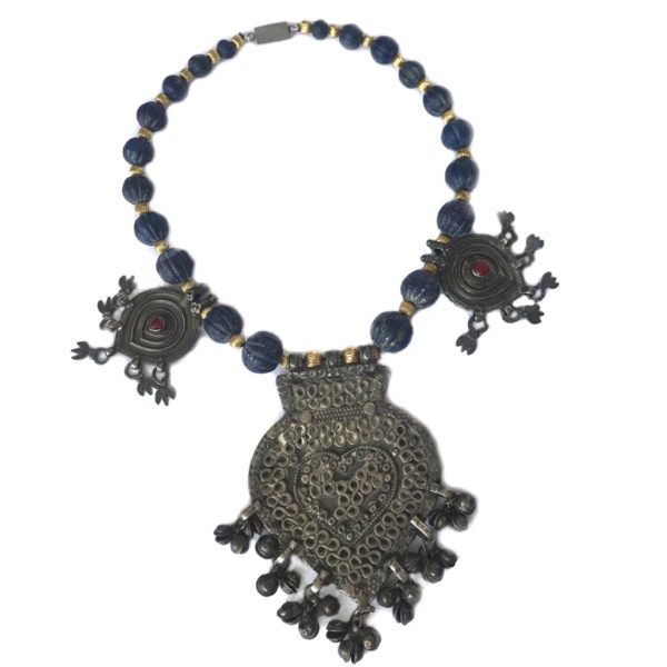 vintage lapiz beads pendants silver necklace