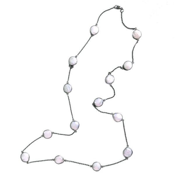 mother of pearl long chain sterling silver necklace