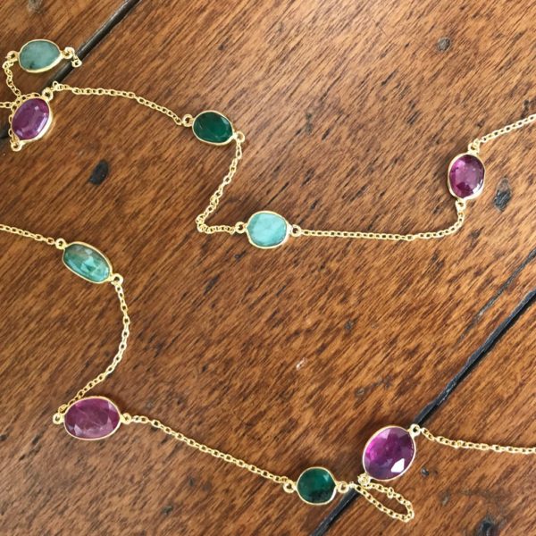 Ruby Emerald Long Gold plated Chain Necklace - Image 2
