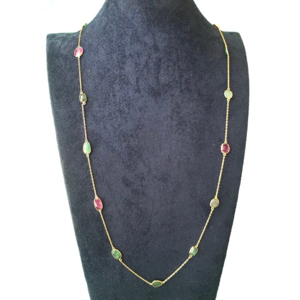Ruby Emerald Long Gold plated Chain Necklace - Image 3