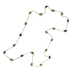 multi gemstone set iolite emerald smokey topaz long chain gold plated sterling silver necklace