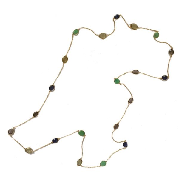 multi gemstone set iolite emerald smokey topaz long chain gold plated sterling silver necklace