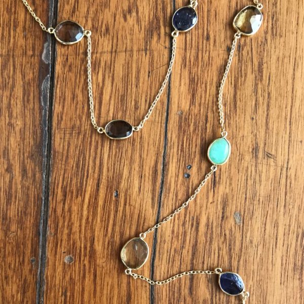 Multi Gemstone Long Gold plated Chain Necklace - Image 2