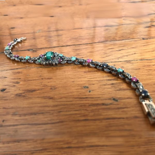 Ruby Emerald Sapphire Mercasite Tennis Bracelet - Image 3