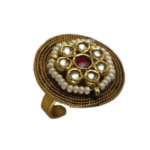 red polki style pearl jadau gold plated sterling silver ring