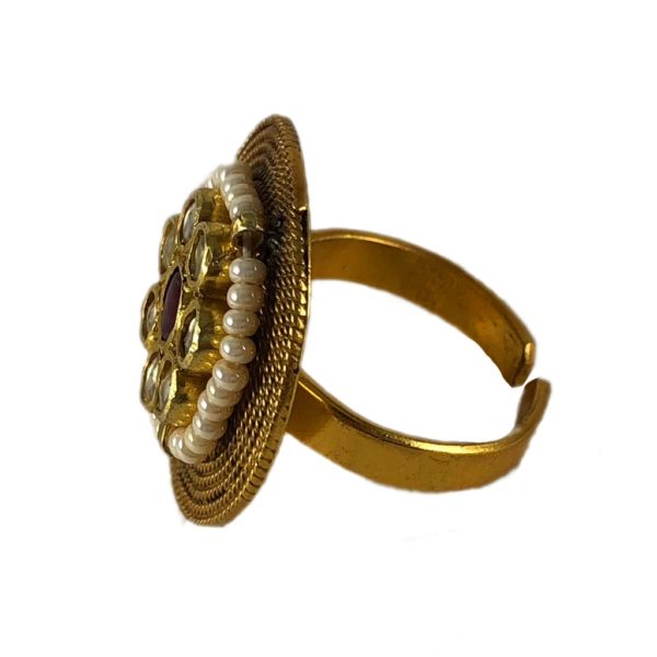 Jadau Red polki style Pearl Gold plated Ring - Image 2