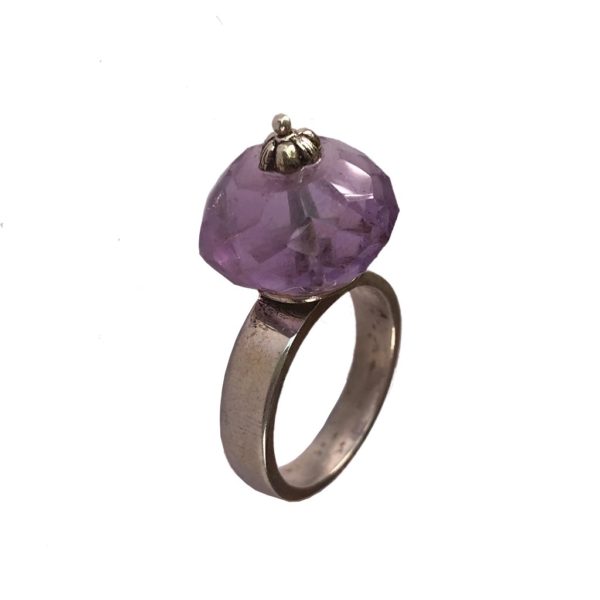 amethyst chequered bead sterling silver ring