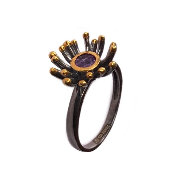 organic nature inspired amethyst dual tone gold plated sterling silver ring