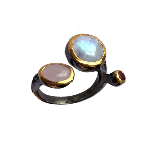 moon stone rainbow dual tone gold plated sterling silver ring
