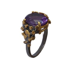 amethyst floral dual tone gold plated sterling silver ring