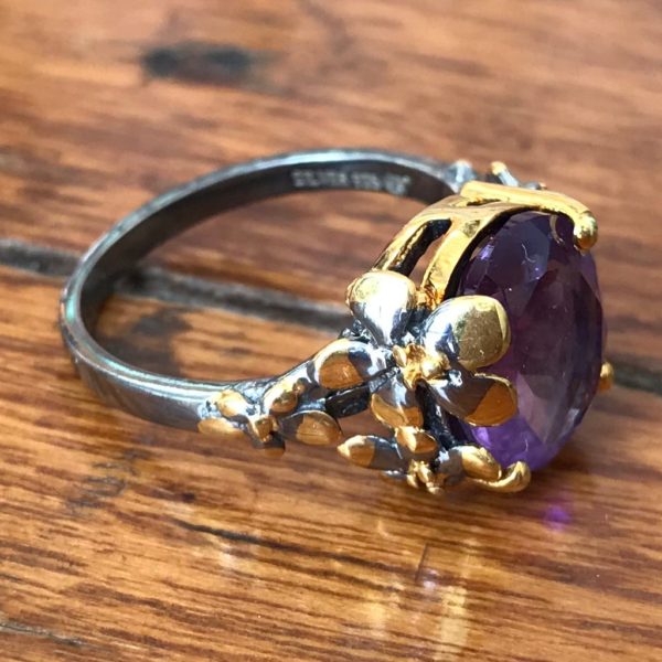 Dual tone Amethyst Floral Gold plated Ring - Image 2