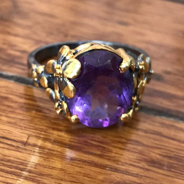 Dual tone Amethyst Floral Gold plated Ring - Image 3