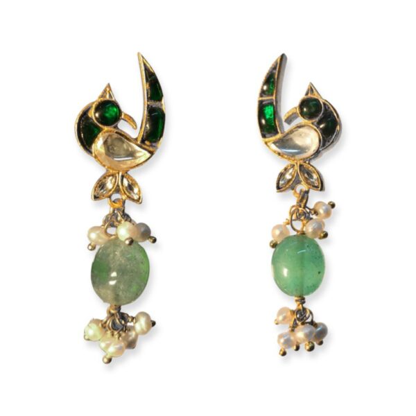 jadau gold plated bird earrings with onyx and pearl hangings in sterling silver