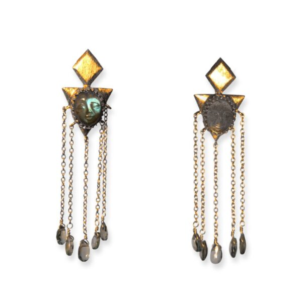 gold plated carved face labradite earrings