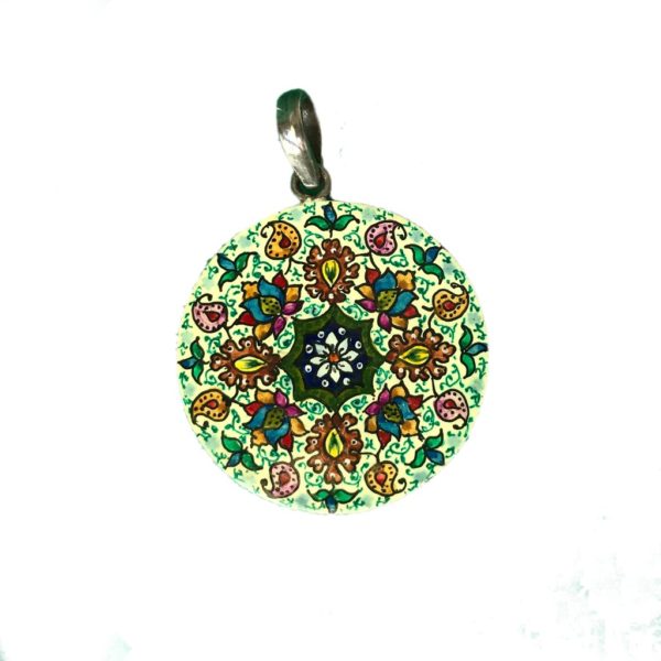 round hand painted silver pendant