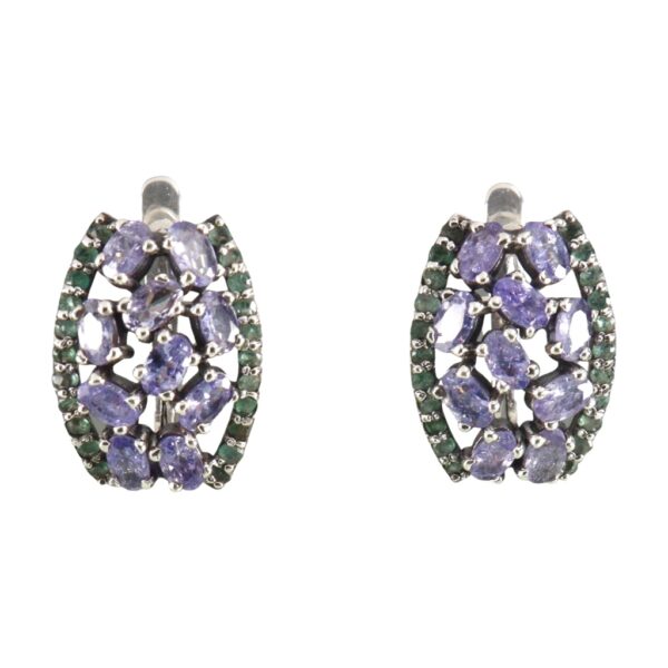 Tanzanite & Emerald Hoop style Silver earrings - Image 1